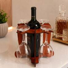 Adega de Vinho Marrom com Suporte para 4 Taças em MDF 4 mm para Bancada Mesa Jantar Festa e Presente - Multicolorido - Visão 2