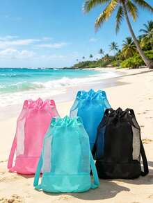 1pc Large Capacity Beach Bag, Mesh Beach Bag, Breathable Drawstring Mesh Bag, Beach Storage Bag, Shell Storage Bag, Suitable For Holiday Essentials, Travel Essentials, Swimming Pool Accessories, Outdoor Sports, Beach Essentials, Camping, Summer - Multicolor - View 8