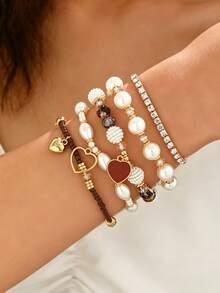 5pcs/Set Casual Heart Bohemian Stretchable Stackable Bracelets, Randomly Matched - Style 1 - View 2