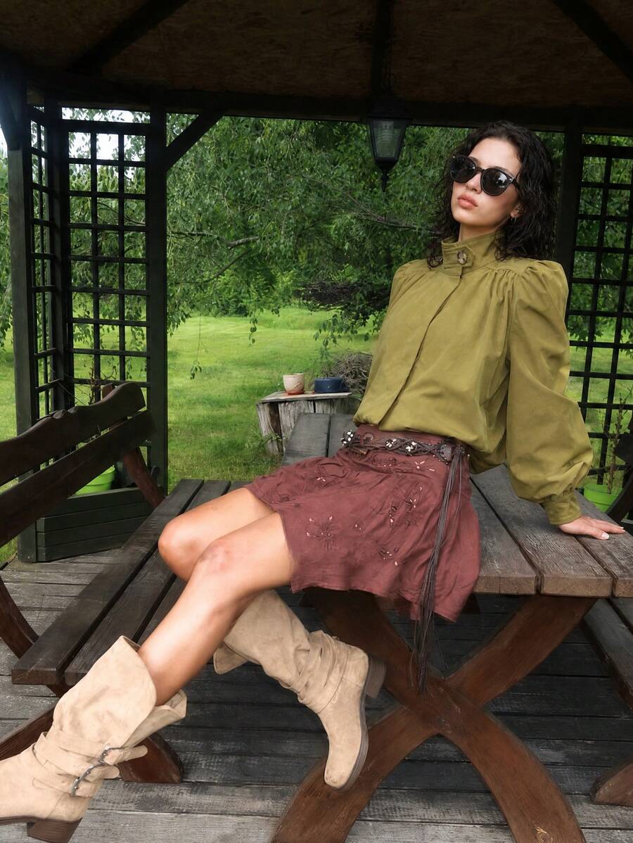 女款優雅素色立領鈕扣開襟輕量夾克外套,秋季戶外穿搭上衣 - 軍綠色 - 查看 1