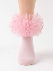 1 Pair Children's Fluffy Mesh Lace Socks With Gold Star Sequins, Princess Performance Birthday Decorative Socks - Pink - View 3