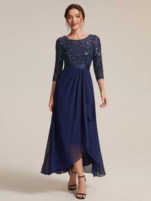 EVERPRETTY Elegant Women's Navy Blue Sequin Midi Dress, Asymmetric Ruffle Hem And Three-Quarter Sleeves, Noble Formal Gown - Navy Blue - View 6