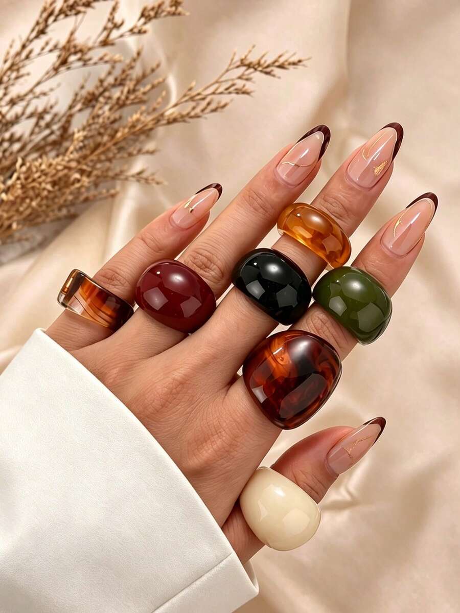 8pcs/Set Fashionable Glamorous Shiny Unique Exquisite Creative Luxury Versatile Elegant Geometric Colorful Resin Rings For Women Daily Wear Holiday Party Jewelry - Multicolor - View 1