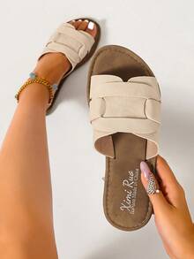 Ximi Ruo Damen-Sandalen im koreanischen Stil, lässige flache Pantoletten, offene Zehenpartie, gewebte römische Sandalen, Sommer-Strand- und Hausschuhe, modischer französischer Stil für Ausflüge, Frühling/Sommer Neu, flache Schuhe zu Kleidern - Beige - Übersicht 3