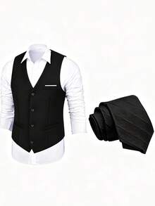 Men's 2-Piece Matching Suit Set, Solid Color Slim Fit Formal Vest And Black Striped Tie, Gentleman Formal Waistcoat, Suitable For Business, Wedding, Ball And Party - Black - View 3