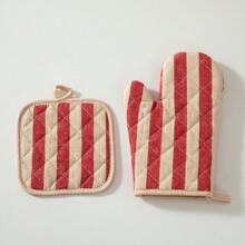 2Pcs Kitchen Heat Resistant Gloves Set Red Stripe Cotton Linen Oven Mitt Pot Holder Non-Slip Insulation Pads For Microwave Baking - View 12