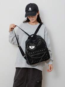 Black Rivet Big Eye Shoulder Bag, Distressed Canvas Chain, Unique Street Cool Student Backpack - Black - View 3