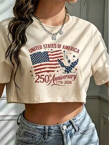 USA 250th Anniversary Commemorative Print Women's Inspired T-Shirt Y2K Short Round Neck Top - Lightweight Spring/Summer Casual Holiday Fantasy Print - 杏色 - 查看 7