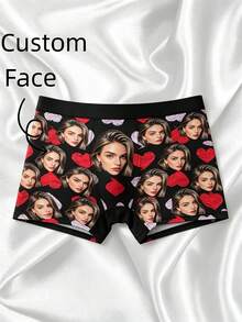 Calzoncillos tipo bóxer de poliéster negro para hombre con estampado de boceto de corazón rojo y púrpura con rostro femenino rubio personalizado, regalo romántico para pareja y ropa interior íntima de uso diario - Multicolor - Ver 4