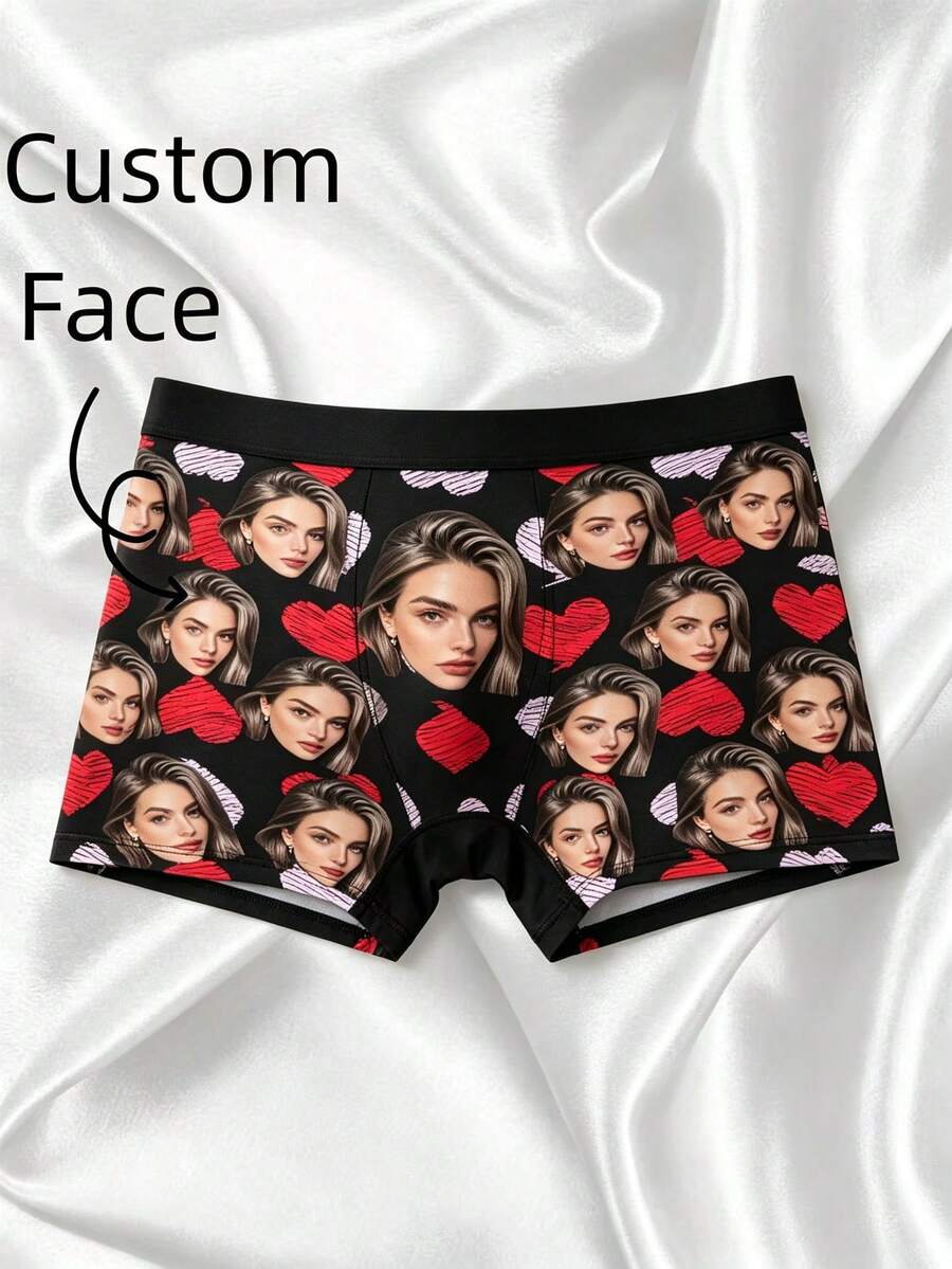 Men's Customized Blonde Female Face Red Purple Sketch Heart Print Black Polyester Boxer Briefs, Romantic Couple Gift And Daily Intimate Wear - Multicolor - View 1