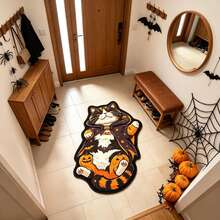 1pc Magic Cloak Calico Fat Cat Shaped Floor Mat, Full Cat Silhouette, Lazy Lying Pose With Healing Vibe, Black White Orange Calico Cat With Black Gold Magic Cloak - Multicolor - View 15