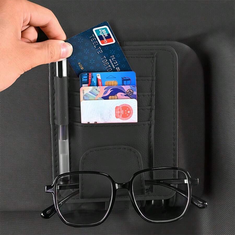 1pc Car Sun Visor Organizer, Faux Leather Material, Multi-Pocket Design, Convenient Storage For Cards, Glasses, Coins - Sun Visor Card Holder - View 1
