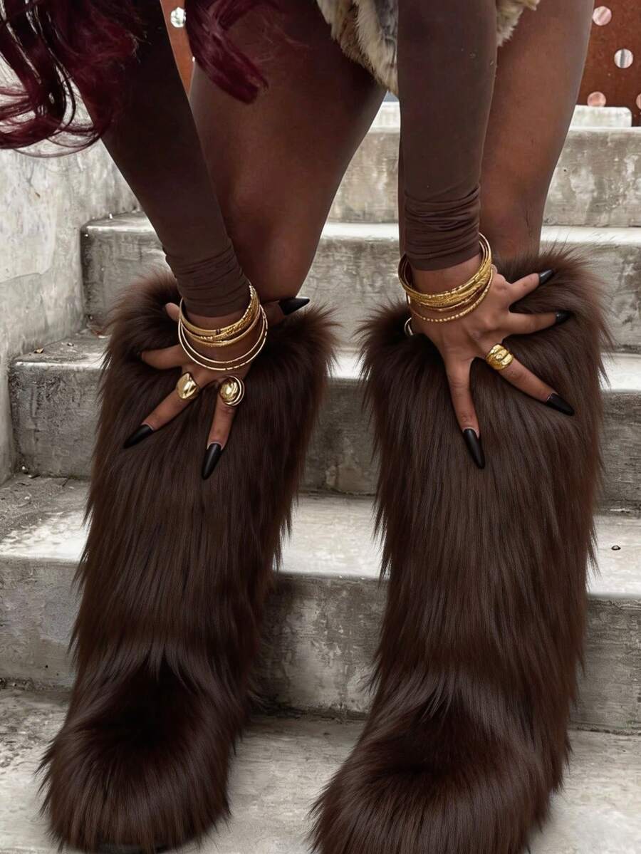 Winter Knee High Boots For Women Pull-On Faux Fur Boots Round Toe Fashion Boots Warm Knee High Boots OutdoorFlat Shoes Party Dressy Women Winter Boots - 棕色-B - 查看 1