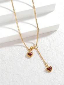 1pc French Style Burgundy Small Heart Necklace For Women, Suitable For Valentine's Day Wear And Gifting To Friends - Gold - View 9