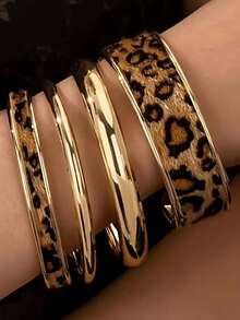 1 Set Hot Girl Style Sweet & Cool Leopard Print Bracelet, Paired With Smooth Layered Bracelet Set, Suitable For Street Fashion And Niche Outfits - Gold - View 1