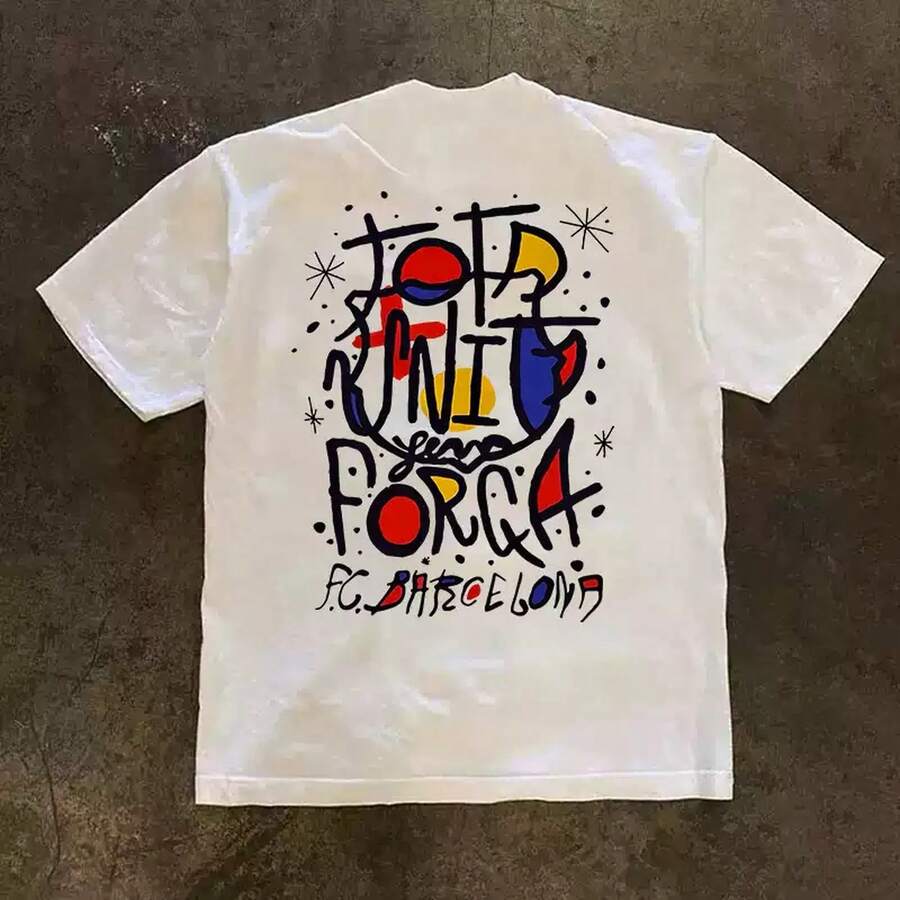 Street Art Graffiti Barcelona Football Club Back Print T Unisex Round-Neck Loose Casual Short-Sleeve Shirt - White - View 1