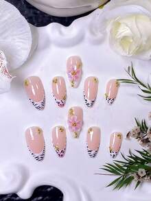 10pcs Handmade Almond Press-On Nails, White Leopard Stripe Design With Pink Pearl Gradient Floral Carving & Gold Bead Charm Accents. Luxury Chic False Nails With Elegant Glam Style. Perfect For Daily Wear, Dates, Concerts, Business Looks & Premium Gi - Multicolor - View 4