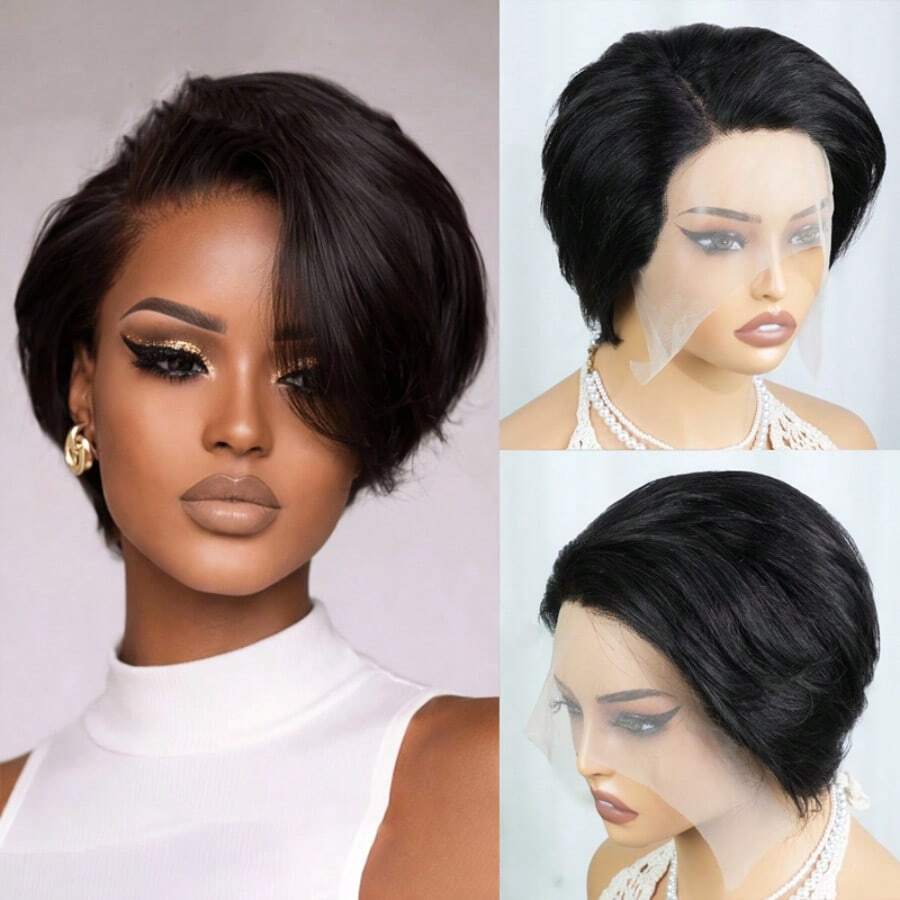 Short Pixie Cut Wig Human Hair T-Part Human Hair Wigs For Women 6INCH 180% Density 13x4x1 Lace Front Wig Human Hair Brazilian Remy Hair Wig For Daily Wear And Party 1B Color