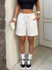 Summer New Women's Casual 5-Point Shorts, Versatile Shorts With Pockets, Drawstring Design, Elastic Waist Casual Pants For Women - White - View 4