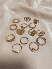14pcs Vintage Style Portrait, Coin, Cross, Floral, Heart Shaped Ring Set, Suitable For Parties, Gatherings, Vacations, Gifts For Friends And Family, Daily Wear - Gold - View 2