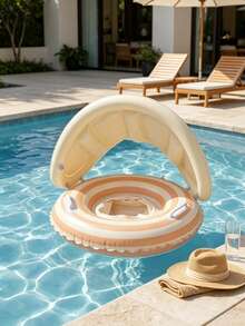 Striped Inflatable Swimming Ring With Detachable Sunshade Canopy, Anti-Flip Inflatable Seat With Handles, Suitable For Children - Multicolor - View 2