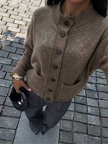 Women's Vintage Brown Knit Cardigan, Stand Collar Front Button Design, Long Sleeve Regular Fit, Suitable For Autumn/Winter - Chocolate Brown - View 13