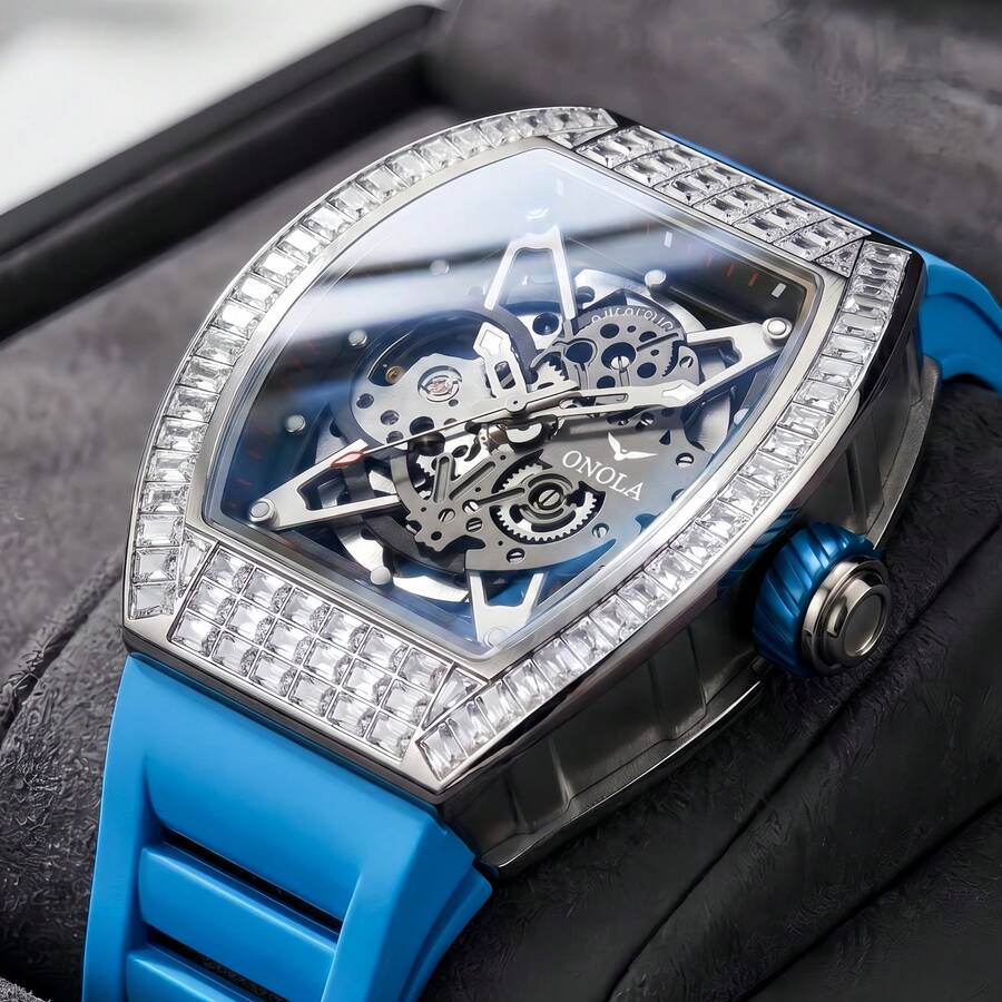 ONOLA Brand Automatic Mechanical Watch, Luxury Luminous Sports Waterproof Barrel-Shaped Skeleton Wristwatch