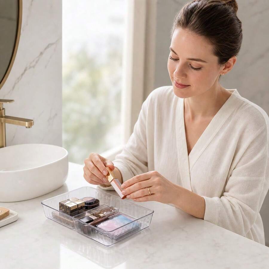 26.5x17.5x4 CM Clear Plastic Two Compartment Makeup Organizer Tray, Bathroom Vanity Organizer, Desk Storage Container, Cosmetics Display ... - A - View 1