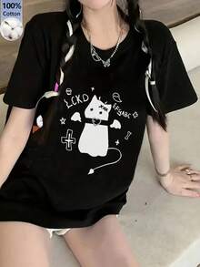 女款寬鬆圓領復古百搭卡通惡魔貓印花短袖T恤，夏季休閒黑色 - 黑色 - 查看 3