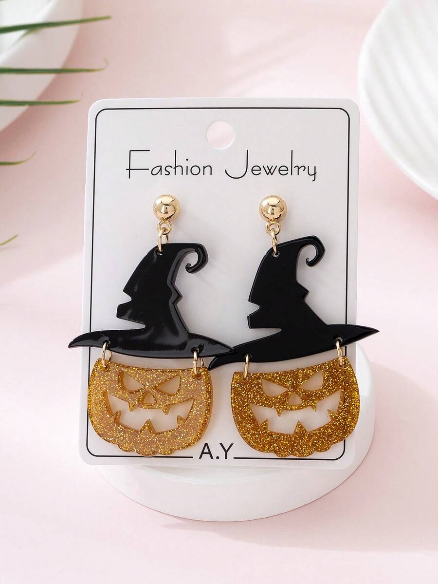 1 Pair Halloween Shiny Witch Hat & Pumpkin Design Women's Fashion Earrings, Suitable For Parties, Gatherings And Holiday Decoration Wear - Multicolor - View 1