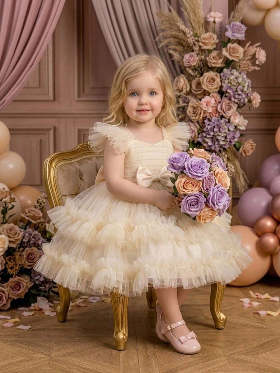 Baby Girls Bow Tulle Cute Wedding Dress Suitable For Birthday Party, Headband Not Included - Champagne - View 1