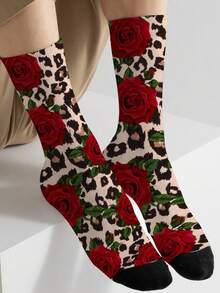 1 Pair Leopard & Red Floral Pattern 360° All-Over Print Fashion Novelty Socks - Multicolor - View 1