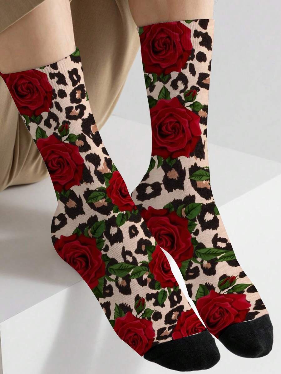 1 Pair Leopard & Red Floral Pattern 360° All-Over Print Fashion Novelty Socks - Multicolor - View 1