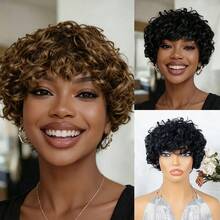 Women' Brazilian Real Human Hair Wig Brown/4#, 1B Color Suitable For Skin Tones - Short Loose Curly Tight Curly Bob Pixie Cut With Bangs & Fringe, Natural Looking Highlighted Wig, No Lace For Daily Wear, Parties, Suitable For Occasions - Multicolor - View 3