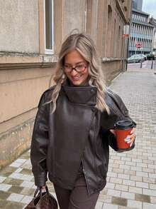 Vintage Oversized High Neck Faux Leather Women's Jacket, Asymmetrical Button Long Sleeve PU Leather Biker Jacket, Casual Street Style Autumn/Winter Outerwear - Brown - View 8