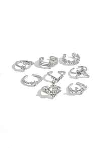 Juego de 8 anillos vintage desgastados de plata con cruz, mariposa, flor hueca con strass y estrella, anillos apilables para mujer - Plateado - Ver 5