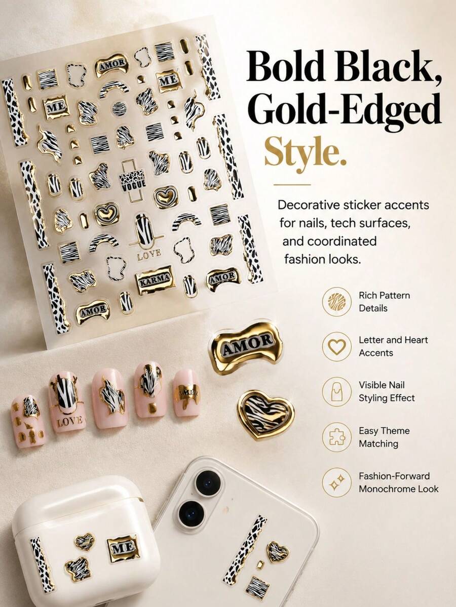 1pc Aesthetic Y2K Animal Pattern Decorative Sticker, Metallic Gold Asymmetric Design, Suitable For Laptop, Camera, Instant Camera, Phone Case, Earphone Case, Water Bottle, Storage Box, Home Decor - E - View 1