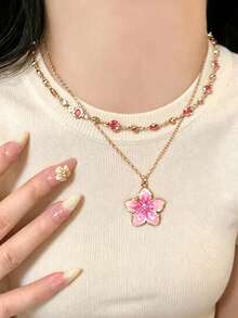 2pcs/Set Kalung Liontin Bunga Rhinestone Bertingkat, Set Kalung Remaja Modis - Gaya 2 - View 4