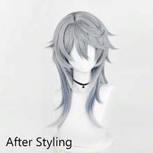 Ombre Grey Blue Synthetic Men Medium Long Wigs With Bangs Anime Game Cosplay Fluffy Wig For Daily Party, Halloween - Dusty Blue - View 3
