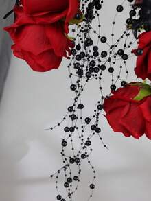 1pc Gothic Red Rose Handheld Flower Hoop Bouquet Elegant Black Bead Tassel Spider Floral Ring For Bridal Cosplay Party - Black and Red - View 5