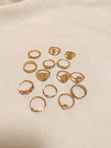14pcs Vintage Style Portrait, Coin, Cross, Floral, Heart Shaped Ring Set, Suitable For Parties, Gatherings, Vacations, Gifts For Friends And Family, Daily Wear - Gold - View 3