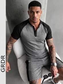 GRDR Men's Summer Fashion Henley Collar Short Sleeve T-Shirt, Suitable For Casual Sports And Versatile Styling - Black - View 2