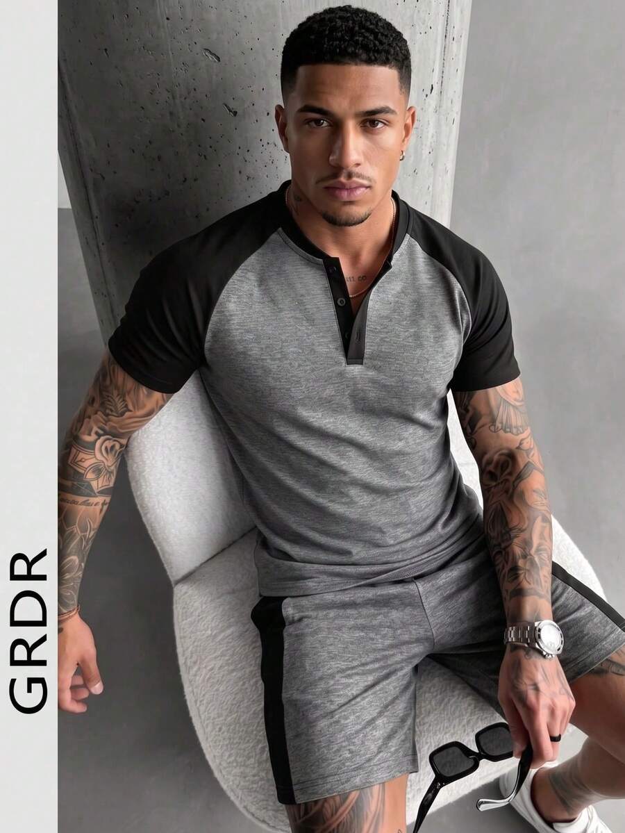 GRDR Men's Summer Fashion Henley Collar Short Sleeve T-Shirt, Suitable For Casual Sports And Versatile Styling