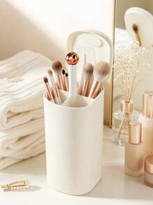 1pc Dust-Proof Makeup Brush Storage Bucket, Automatic Lift Design, 4-Compartment Partition, Large Capacity All-In-One Makeup Organizer, Suitable For Vanity Tabletop - View 4