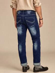 Men Royal Blue Stretch Slim Tapered Jeans Crinkle Washed Skinny Denim Pants - Blue - View 2