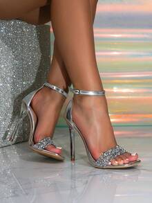 Women's New Silver Rhinestone Single Strap Square Toe Stiletto Heel Sandals Ankle Strap Evening Wedding Party High Heel Dress Shoes - Silver - View 3