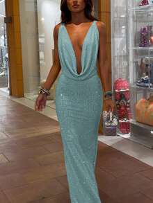 DOUCIU Women's Sexy Spaghetti Strap Sleeveless Backless Deep V-Neck Knit Fabric Slim Fit Maxi Dress - Blue - View 5