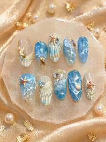 10pcs Medium Almond Shape Press-On Nails, Blue Gradient Ocean Wave Fake Nails, 3D Shell Starfish Conch With Rhinestone Decor, Summer Beach Vacation Style Gel Fake Nails, Suitable For Daily Wear - Multicolor - View 2