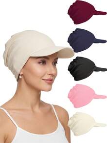 CONFLASS Women's Ribbed Loose Turban Hat With Brim, Elastic Lightweight Muslim Hijab Inner Cap, Solid Color Sun Protection Student Headwear - Multicolor - View 6