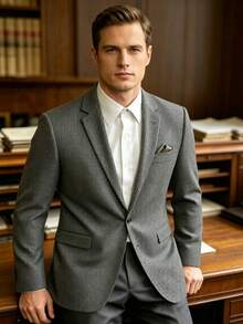 Grey Fine Houndstooth Notch Lapel Single Button Long Sleeve Old Money Style Men's Suit, Slim Fit Structured Shoulder Vintage Gentleman Business Formal Attire, Suitable For Workplace, Banquet, Wedding And Formal Occasions - Dark Grey - View 4
